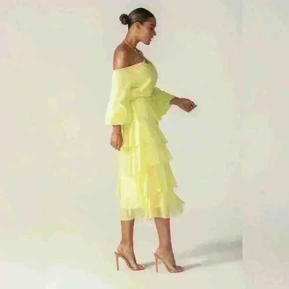 Alieva Dorra Chiffon Midi Dress Size Small Yellow Ruffle Sexy Girly Wavy - Picture 3 of 14